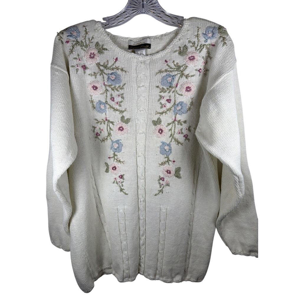 Cottagecore Sweater Flowers Roses Pearls Cream Pink Medium 90s Grannycore Top